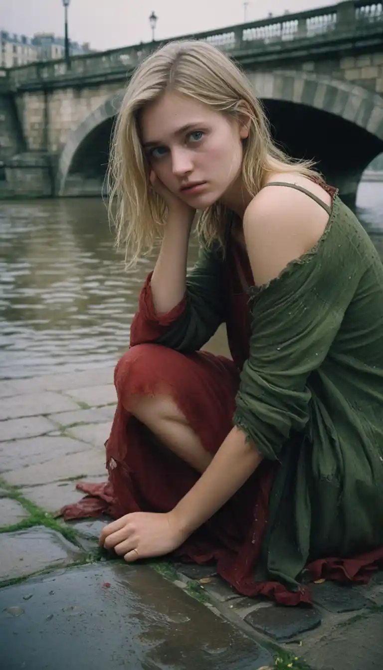 Melancholische junge Frau an der Seine im sanften Tageslicht