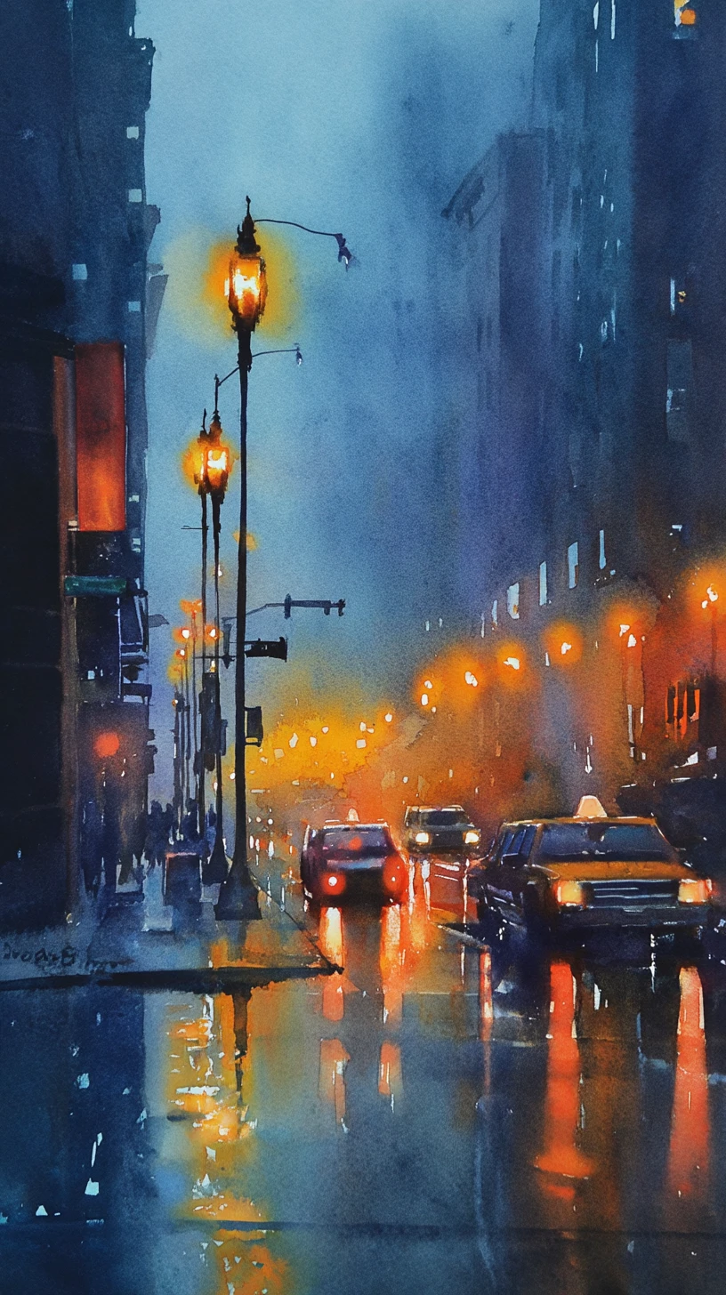 Rua da Cidade em Noite Chuvosa em Perspectiva Atmosférica em Aquarela