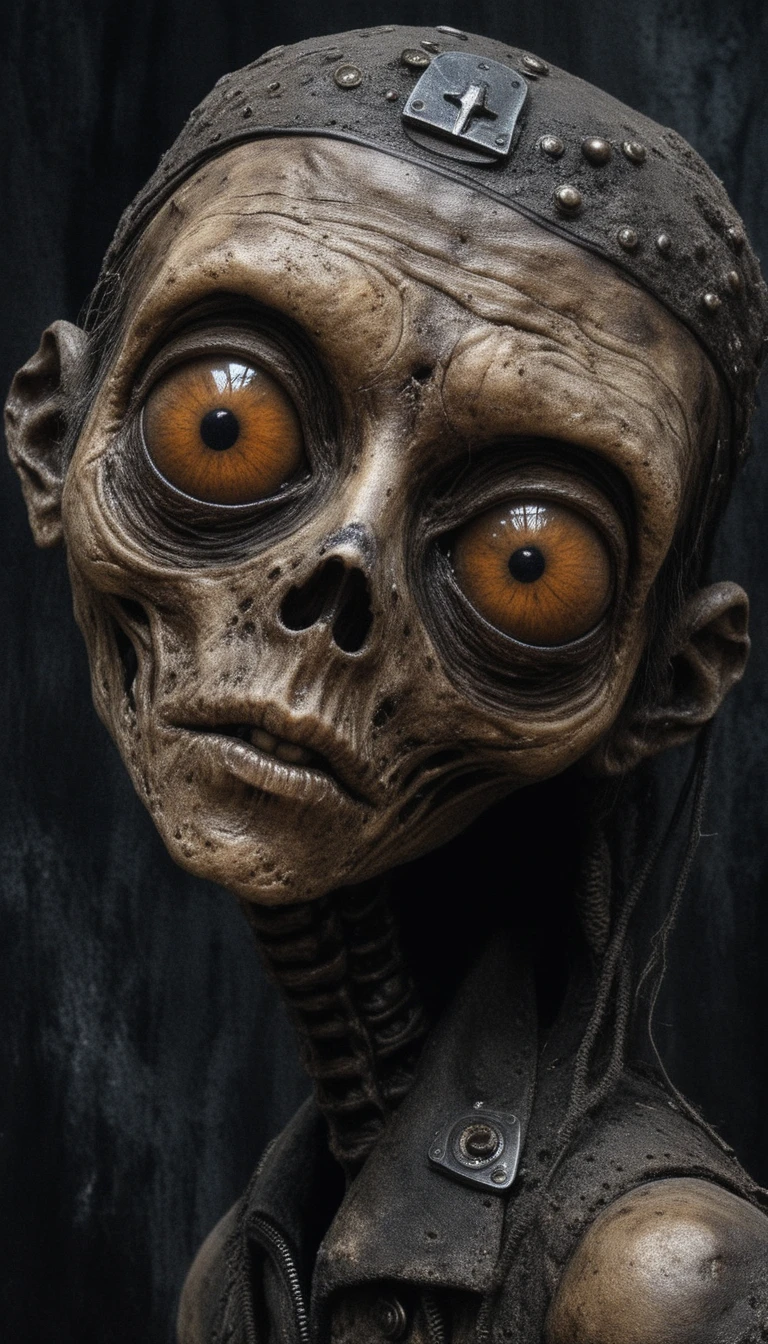Retrato Grotesco de Humanoide Necrótico com Olhos Âmbar Brilhantes