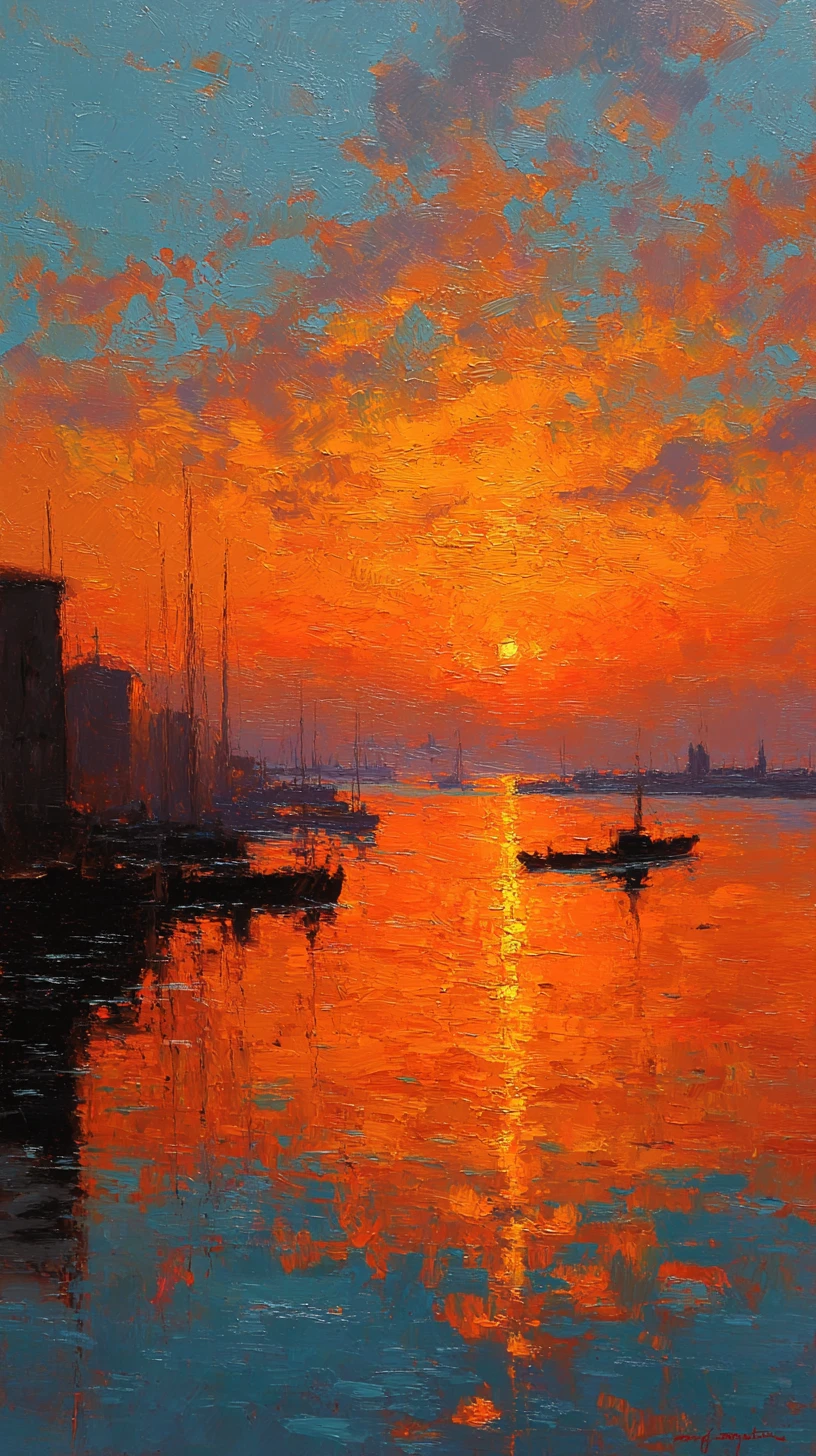 Amanhecer impressionista sobre um porto tranquilo com barcos em silhueta