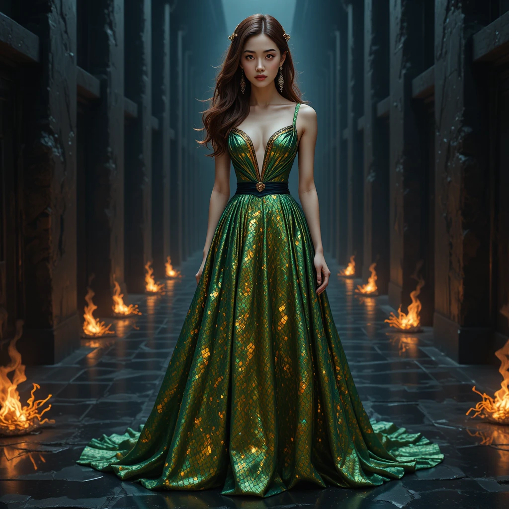 Mujer coreana con vestido verde de escamas de dragón en forja volcánica