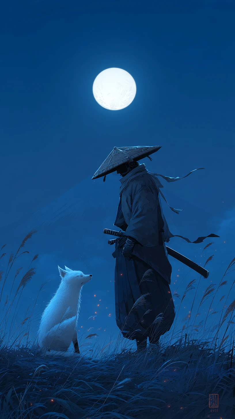 Ronin solitário com raposa branca sob um céu montanhoso ao luar