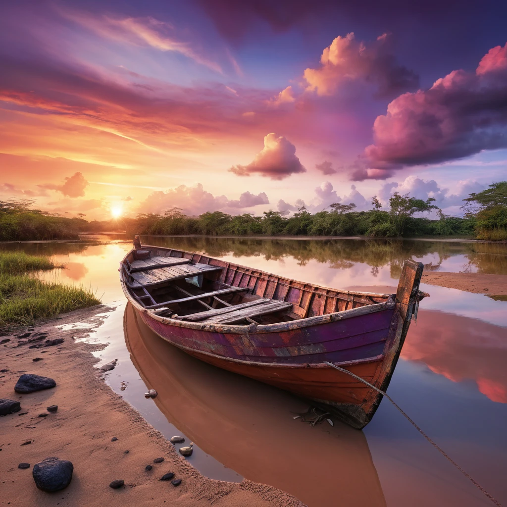 Bateau en bois abandonné sur l’Orénoque au coucher du soleil