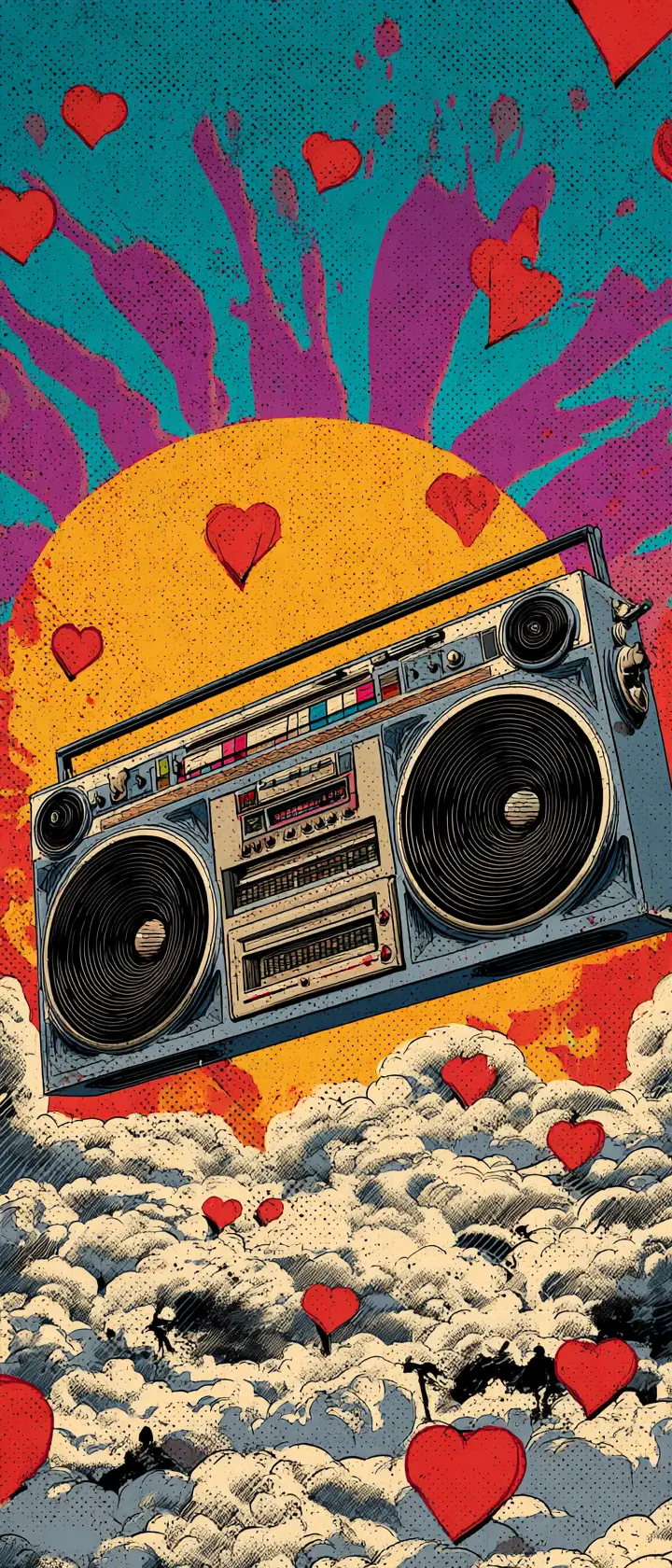 Riesiger Retro-Ghettoblaster schwebt über einem lebendigen Wolkenmeer