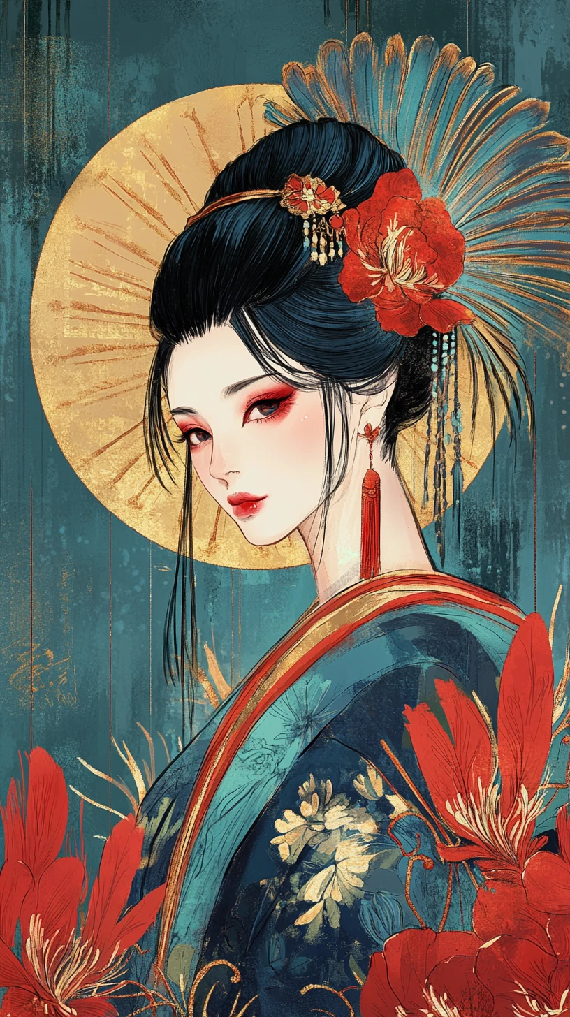 Von Ukiyo-e inspiriertes Porträt einer Frau mit Federschal