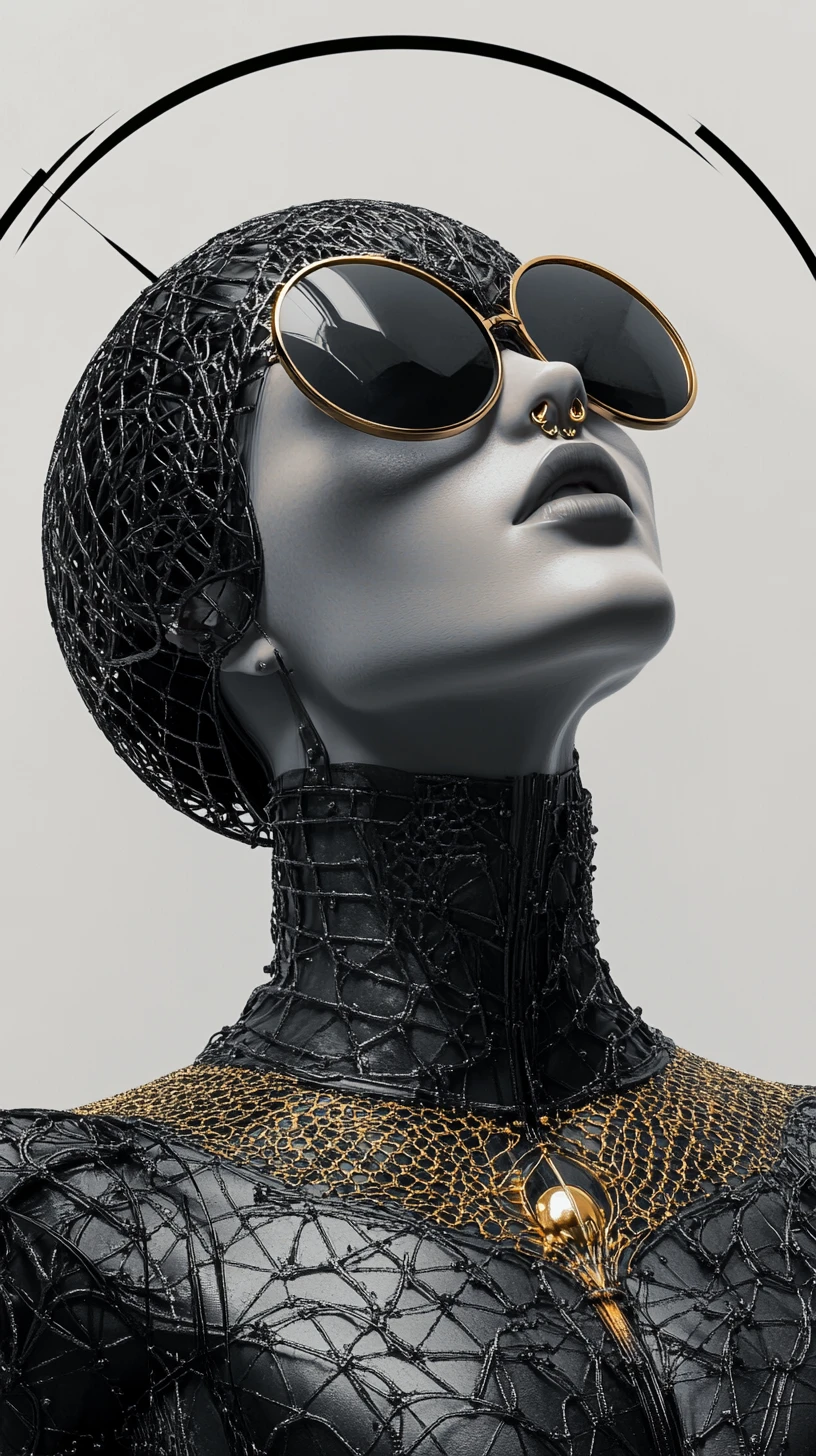 Futuristic armored woman in sunglasses with halo like geometry