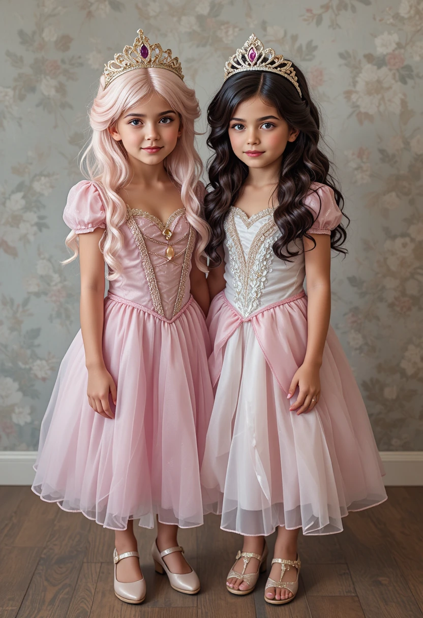 Dois meninos pré-adolescentes vestidos como princesas de contos de fadas