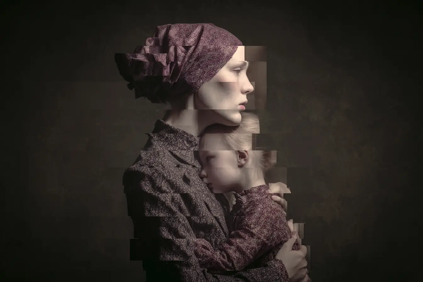 Surreal illusion of a mother and child in shifting forms
