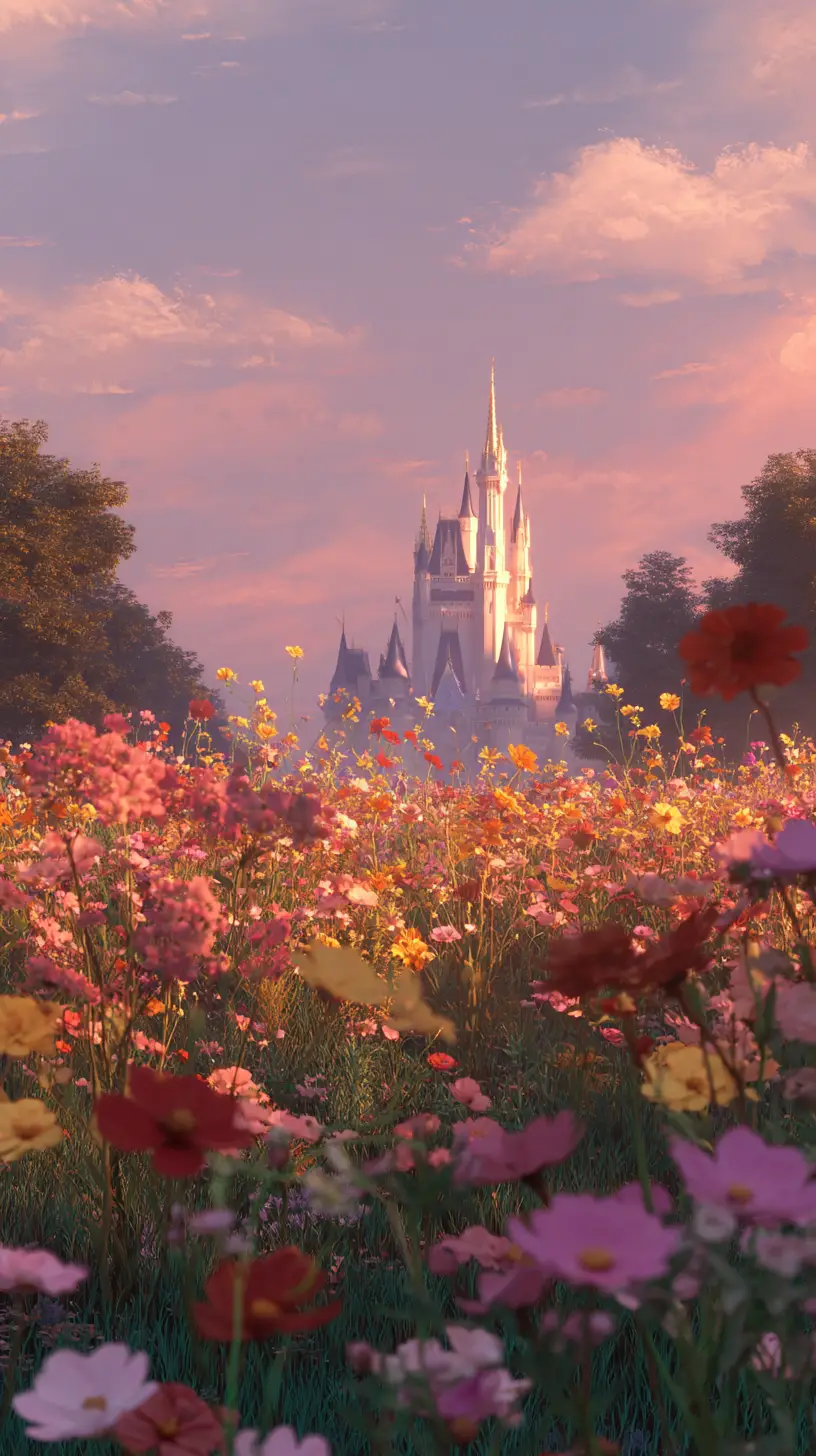 Blooming flower garden beside a distant fairytale castle