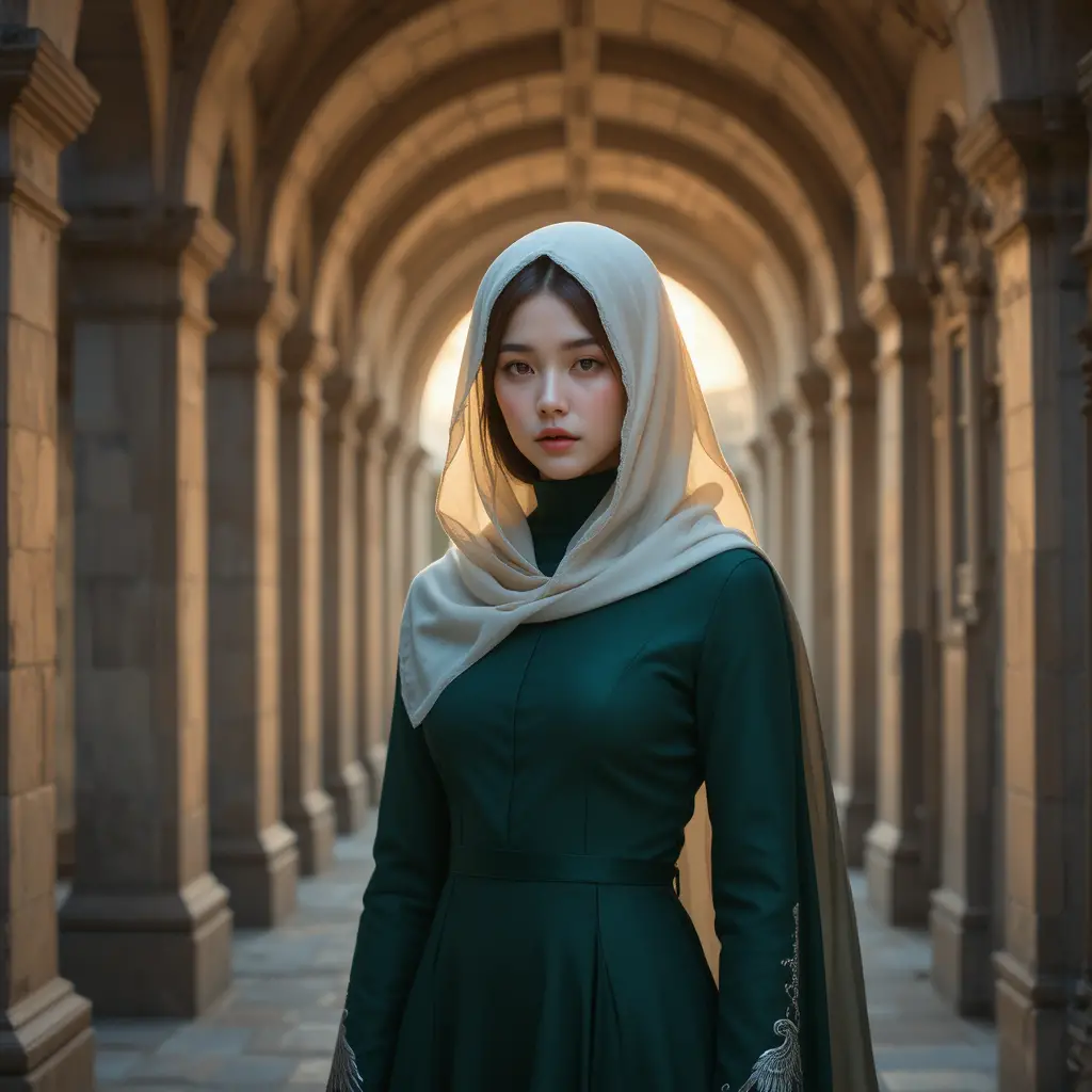 Korean woman in green column gown under silk hood