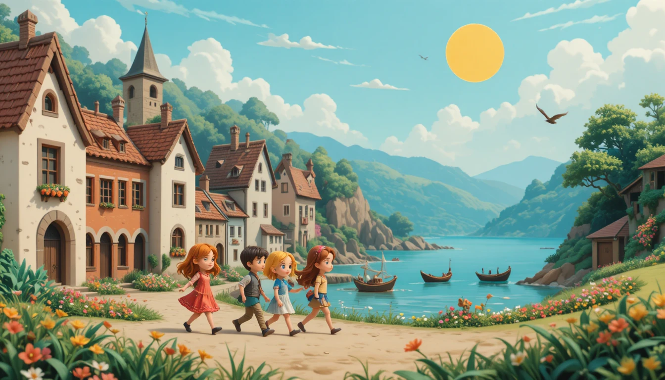外を散歩する人々がいる子どもらしい粘土の村イラスト
