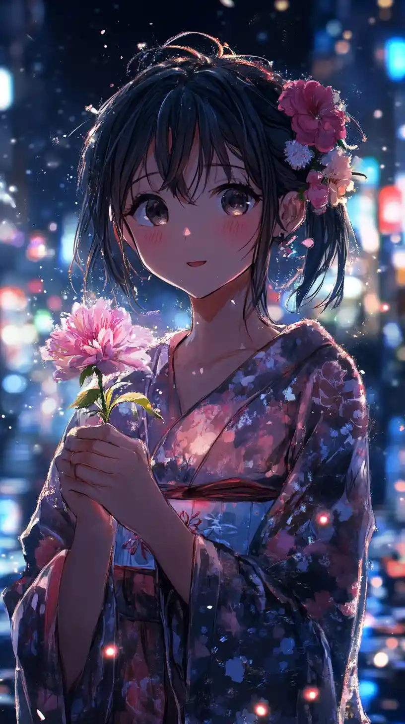 Ragazza anime che tiene un fiore sotto un cielo notturno calmo