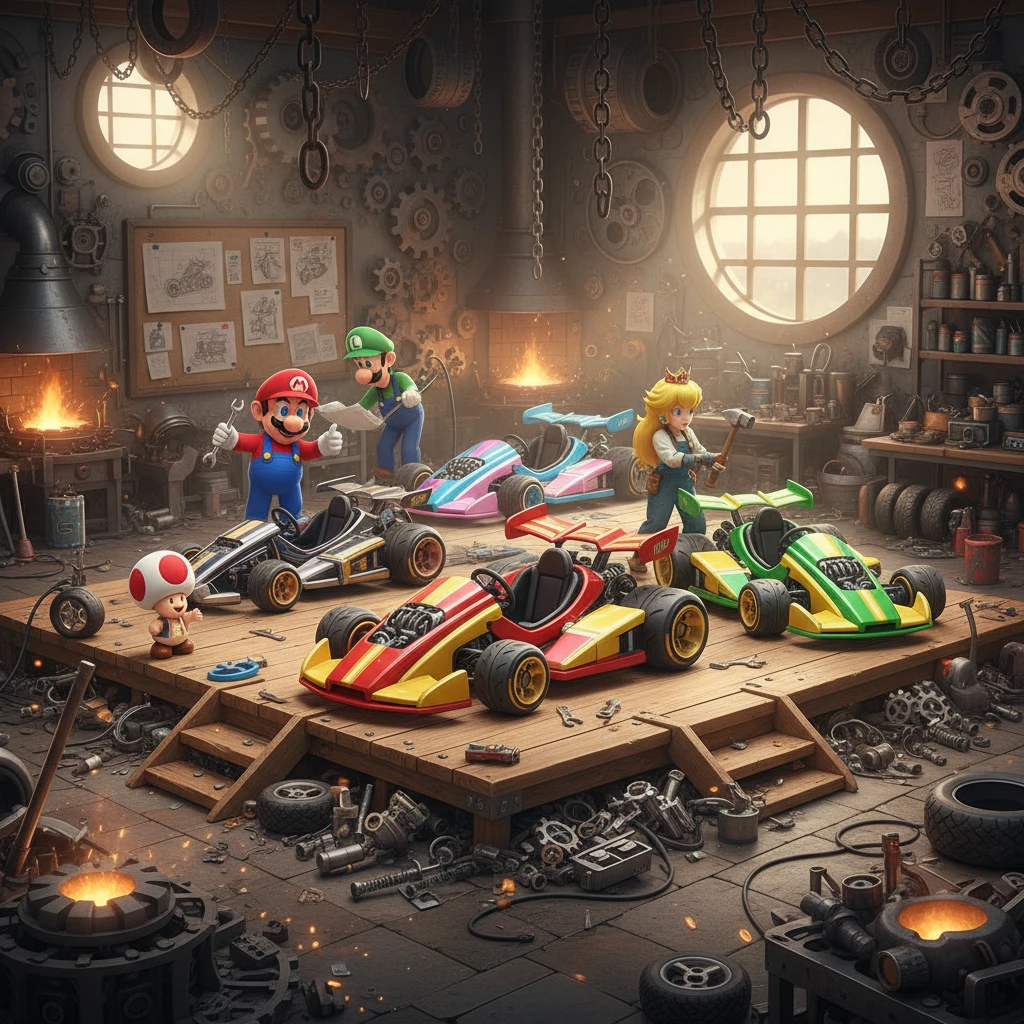 Colorful racing karts under construction in a busy workshop