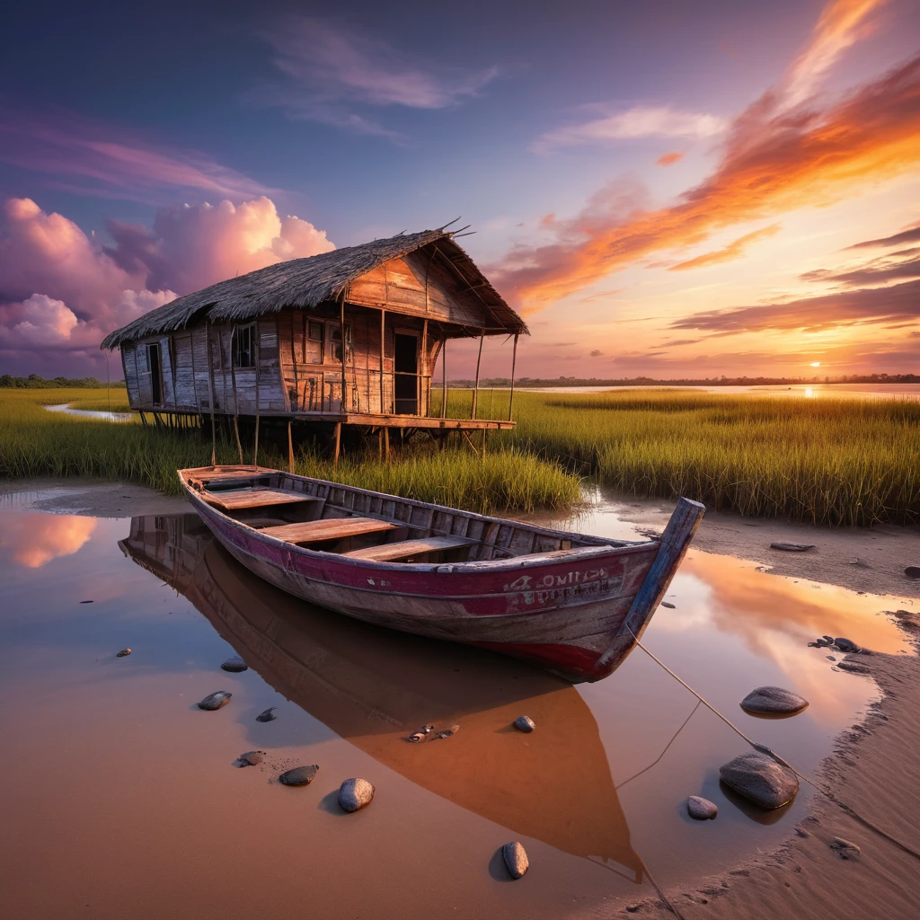 Bateau en Bois Abandonné sur l’Orénoque au Coucher de Soleil Coloré