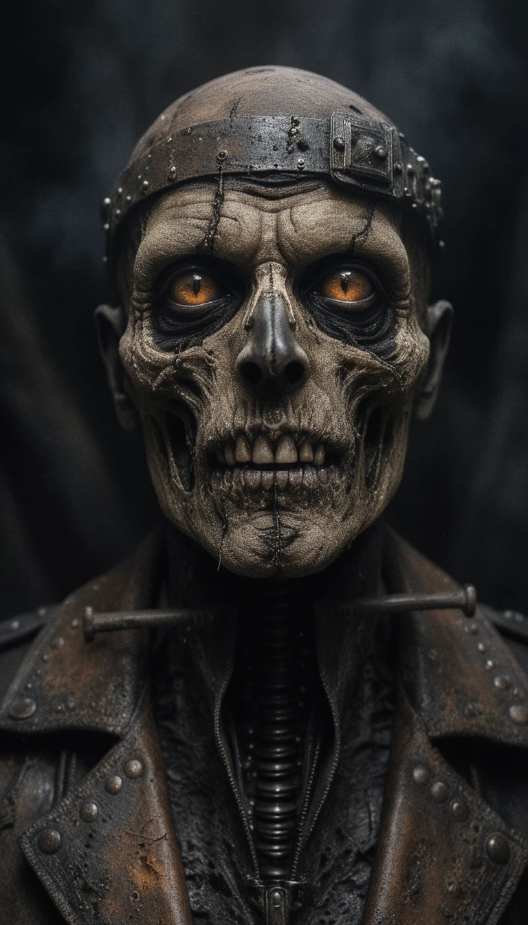 Retrato de criatura humanoide grotesca com olhos âmbar brilhantes