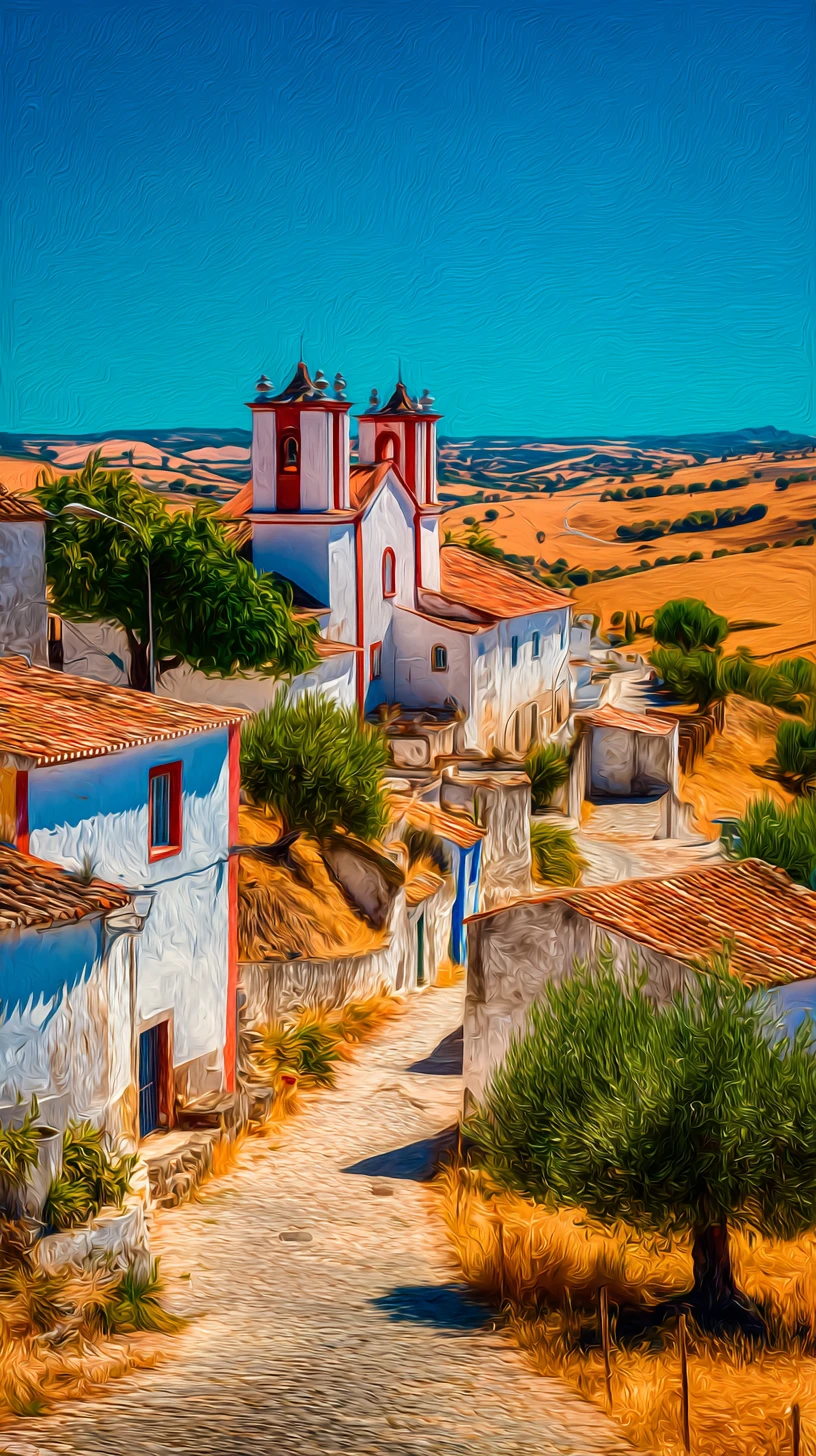 Strada soleggiata di un villaggio portoghese con case bianche e chiesa