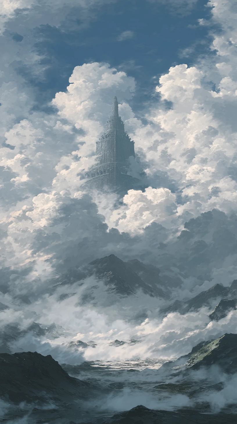 直入旋繞雲海的高聳奇幻紀念碑