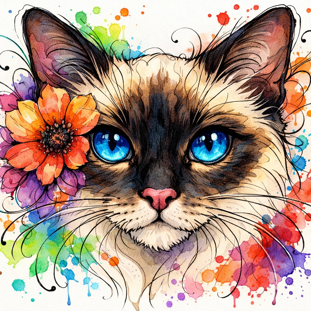 Primer plano de un gato siamés fantasioso con flores vívidas en acuarela