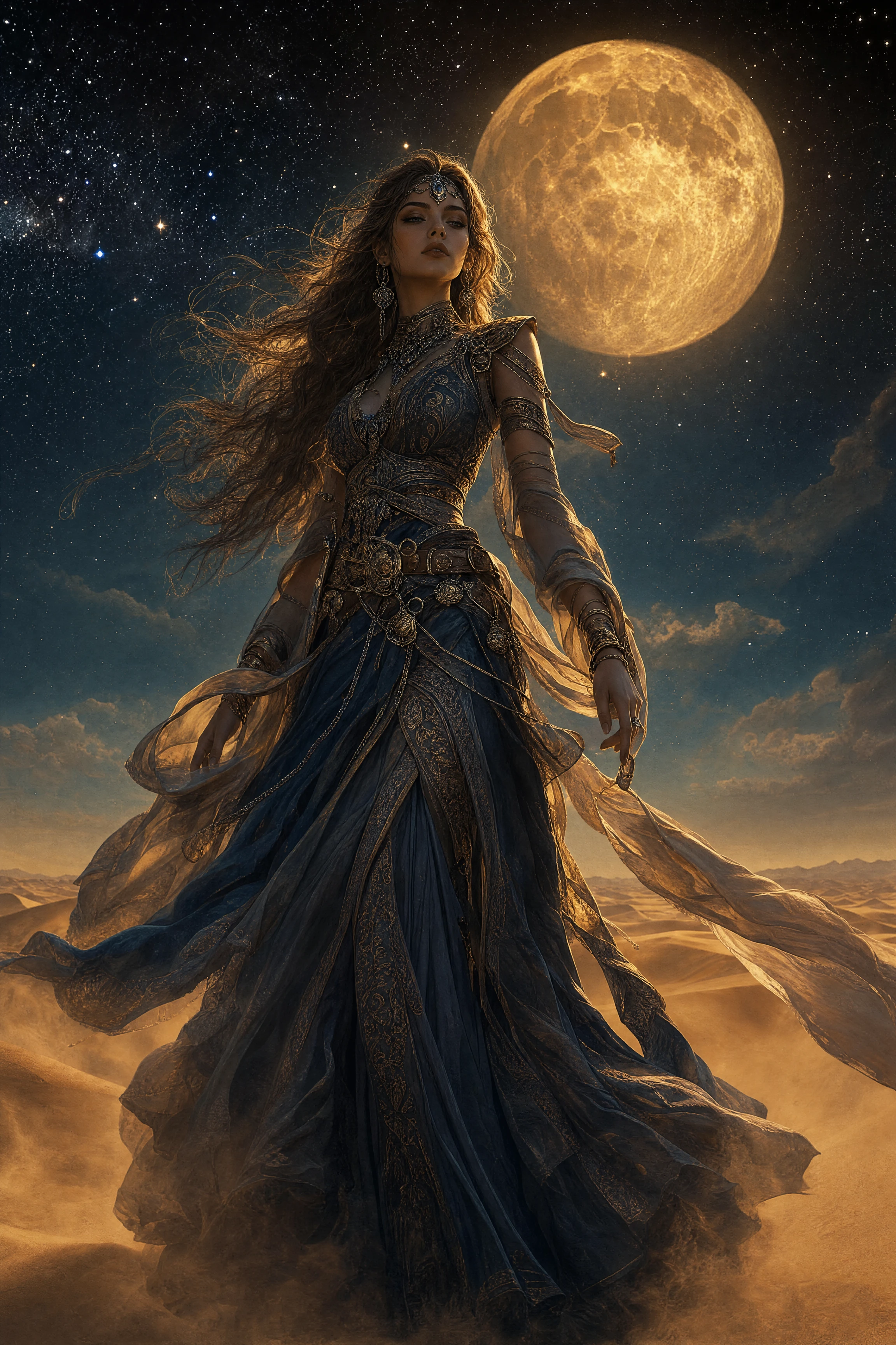 Armored mystic woman under a golden moonlit desert sky