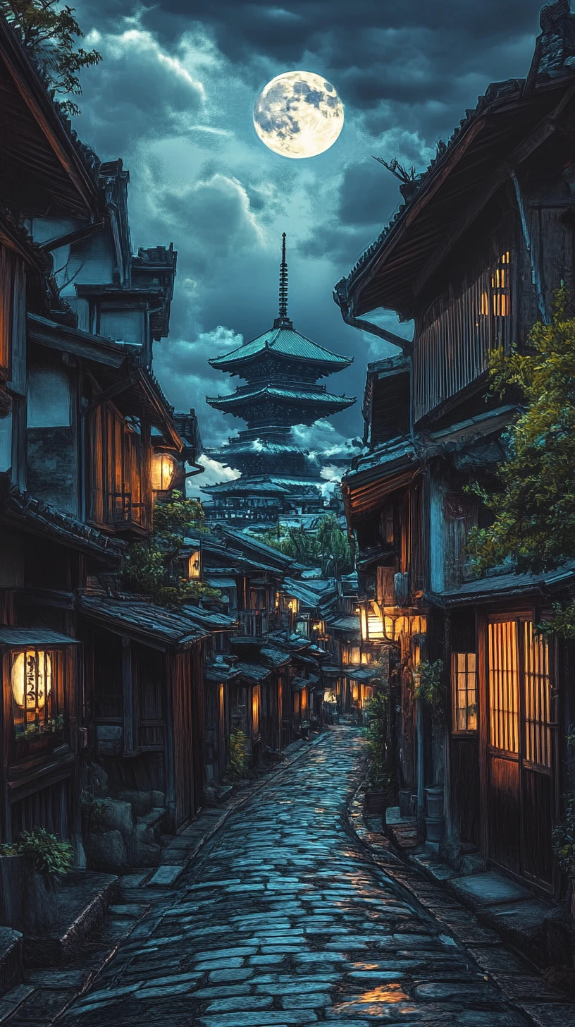 Beco japonês ao luar com janelas brilhantes e templo ao fundo