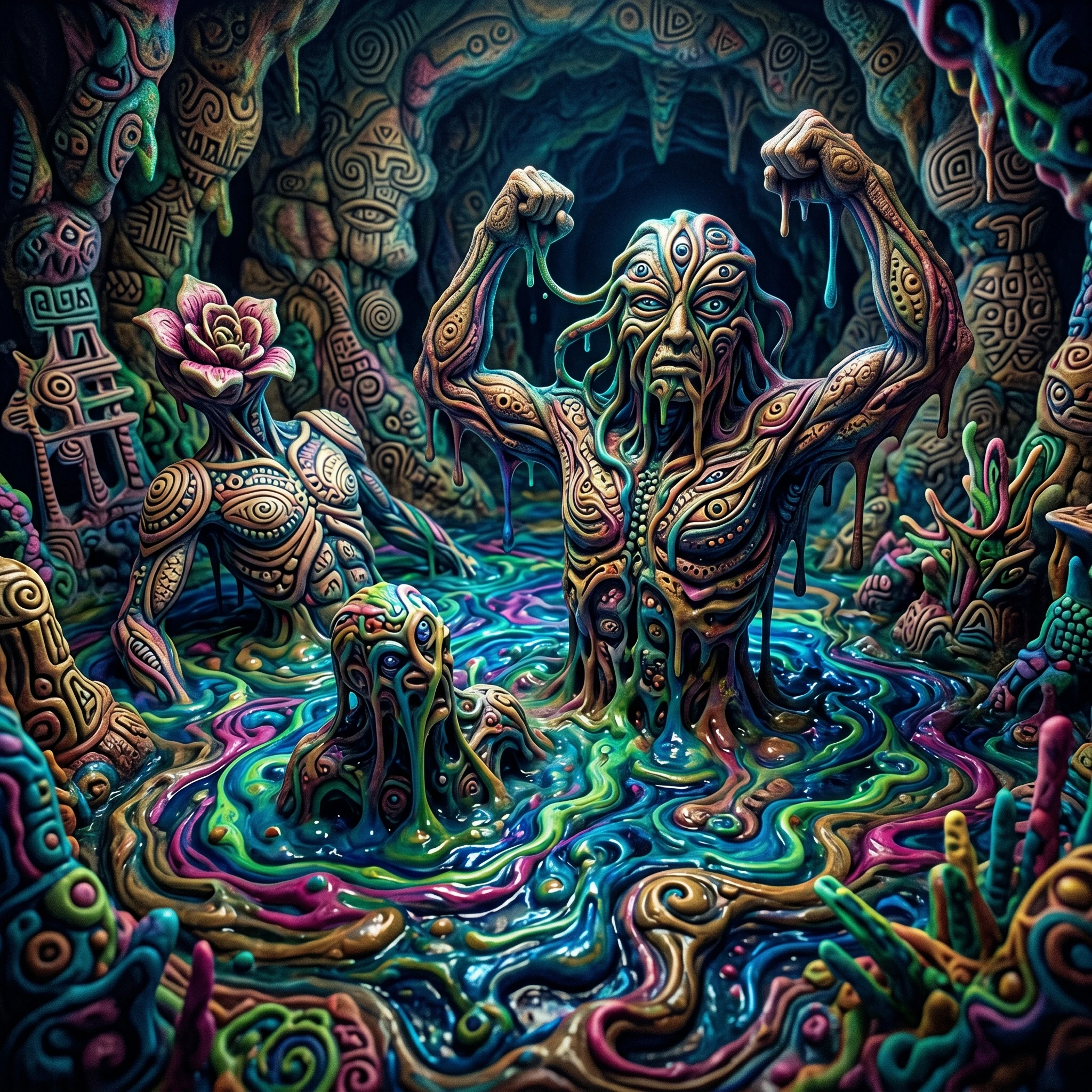 Seres humanoides surreais surgindo de um lodo primordial vibrante