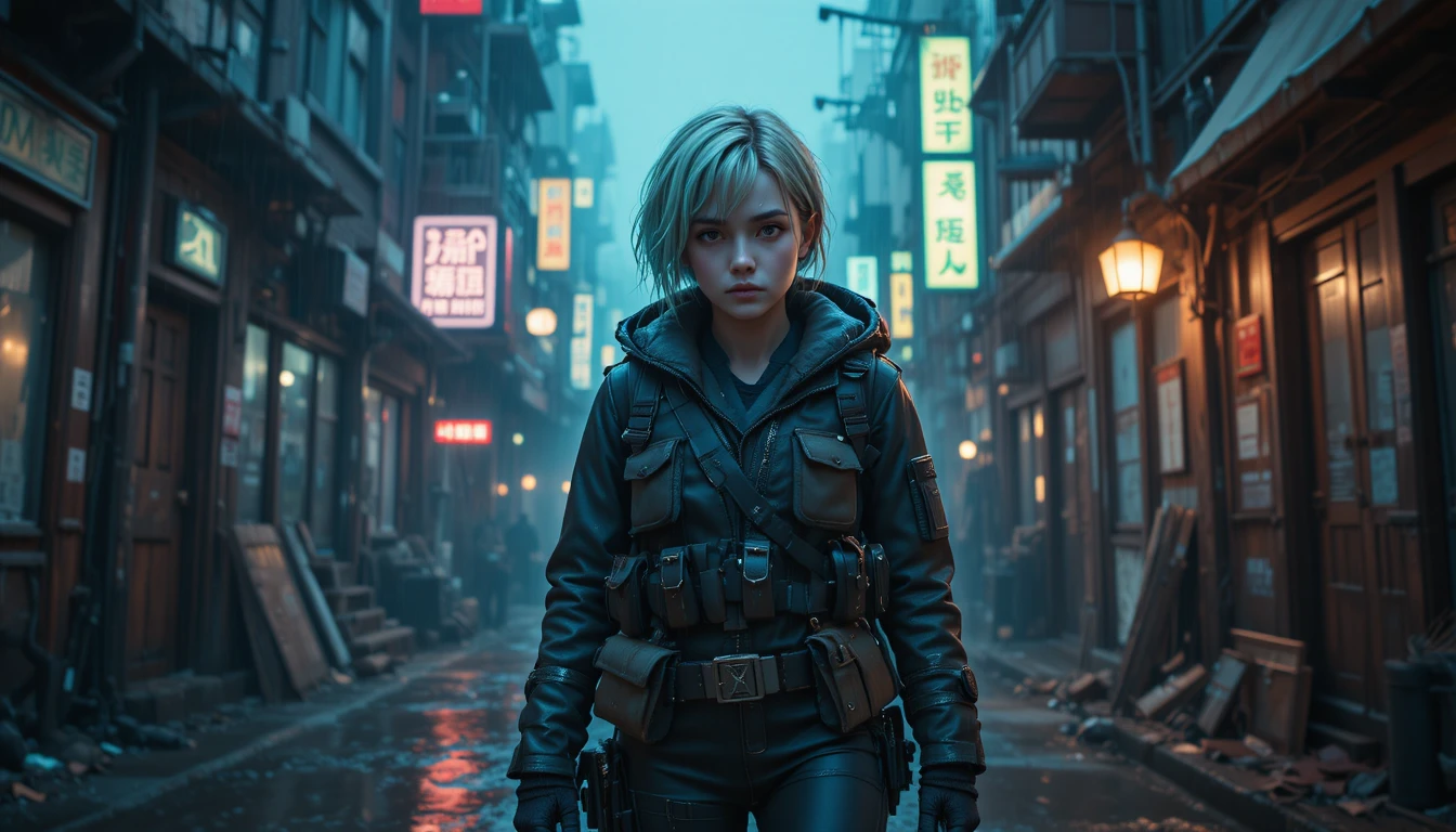 Young female survivor in a rainy dystopian neon city alley