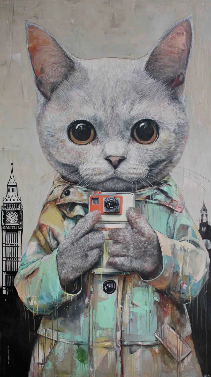 Gato cinza tirando selfie ao lado do Big Ben na chuva