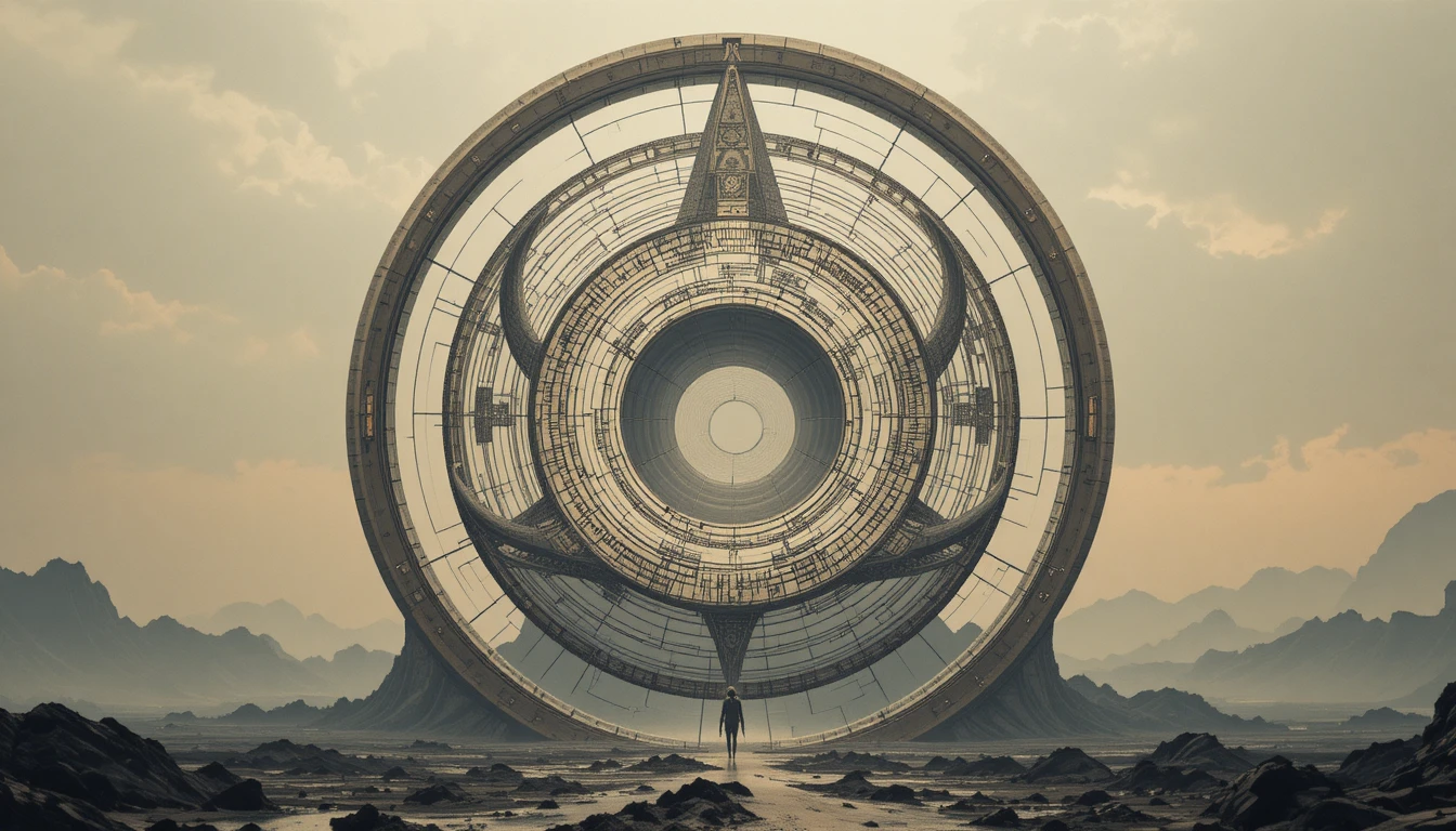 Symbole cosmique abstrait de arcs, lignes et vide central