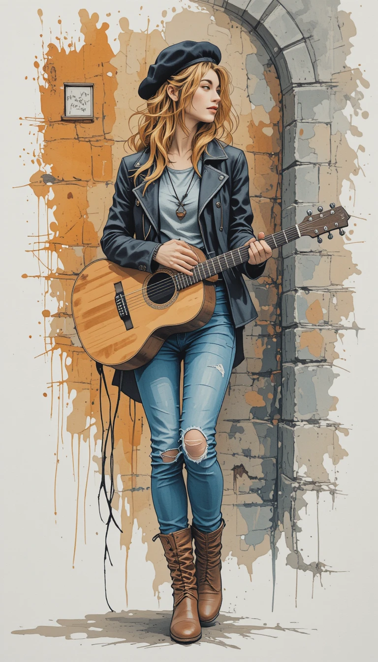 Donna bohémien che cammina in avanti con una chitarra sulla schiena
