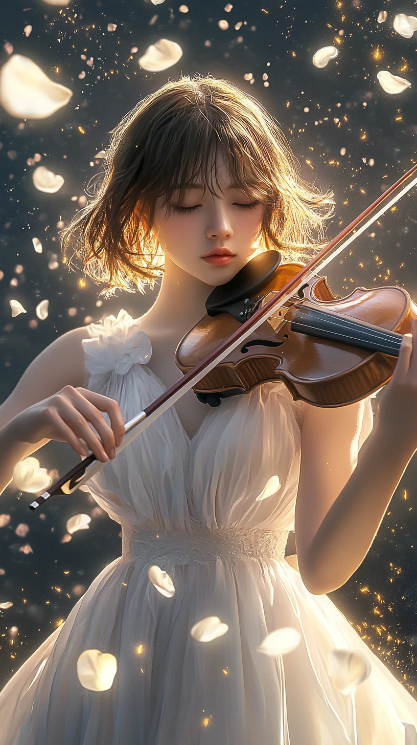 Fille éthérée jouant du violon dans une lumière cosmique éclatante