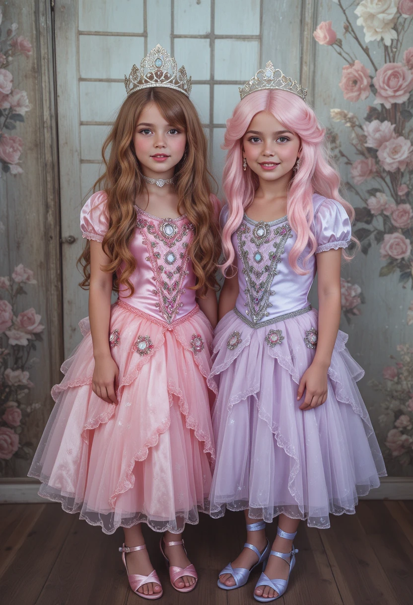 Meninos pré-adolescentes vestidos de princesas com vestidos e tiaras