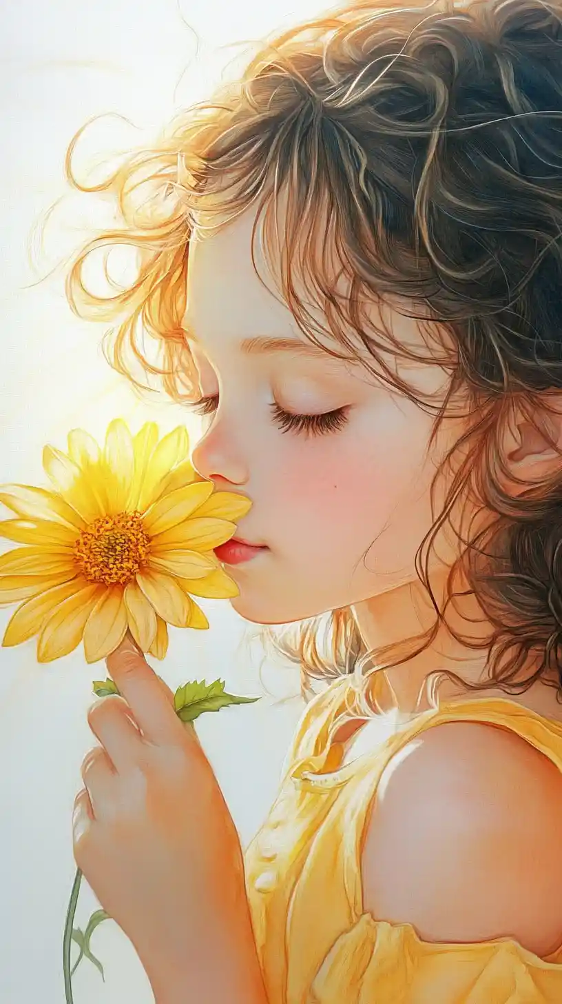 Little girl with yellow flower in watercolor illustration