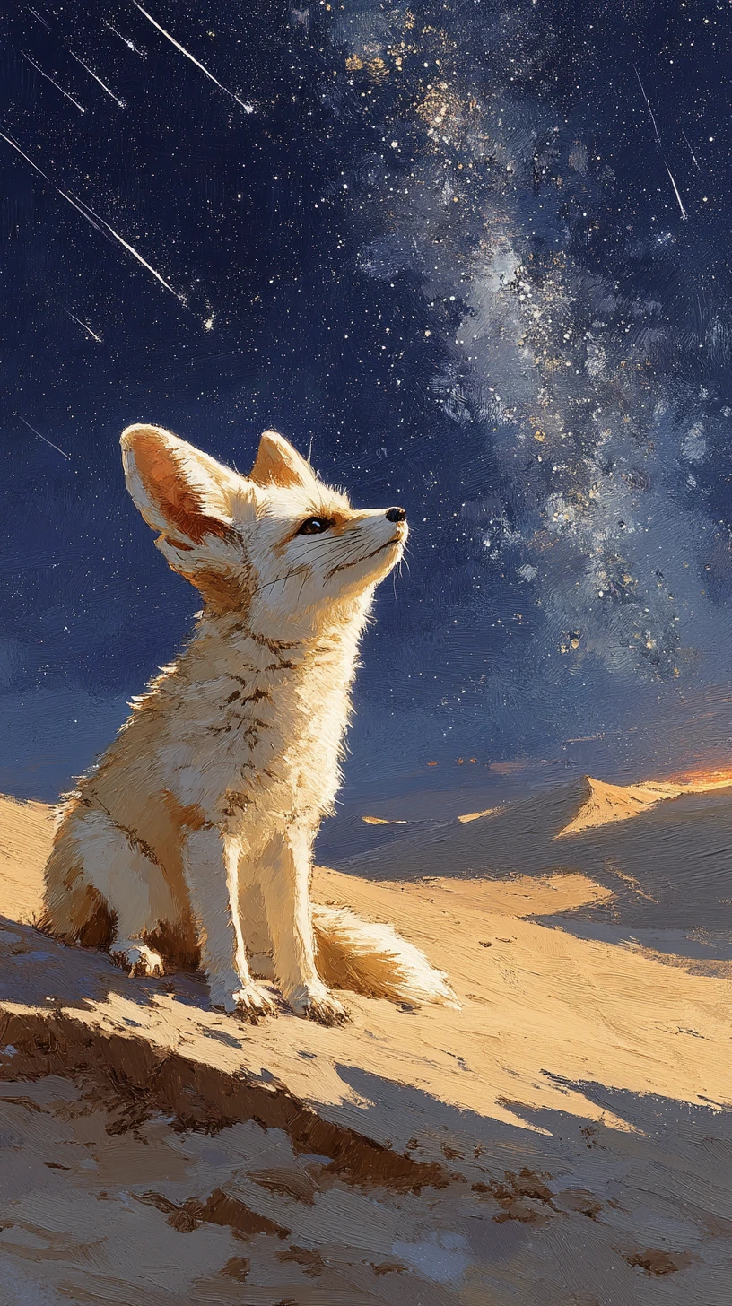 Fennekfuchs auf einer mondbeschienenen Düne unter Sternen