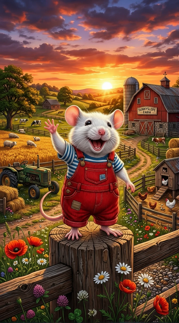 Rato branco de macacão vermelho acenando em fazenda ensolarada