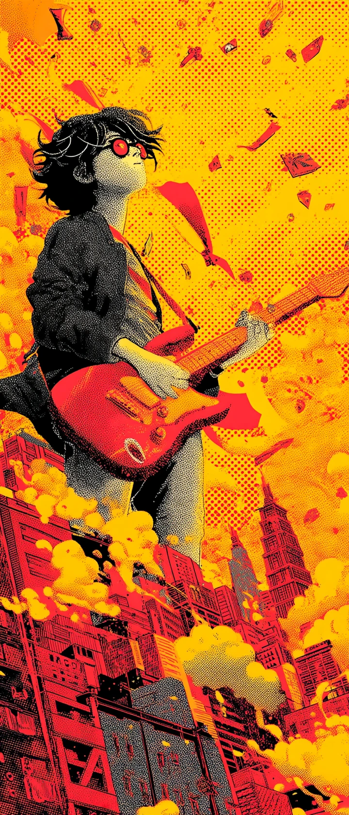 Guitarrista de anime em rooftop urbano com notas heroicas em pop art