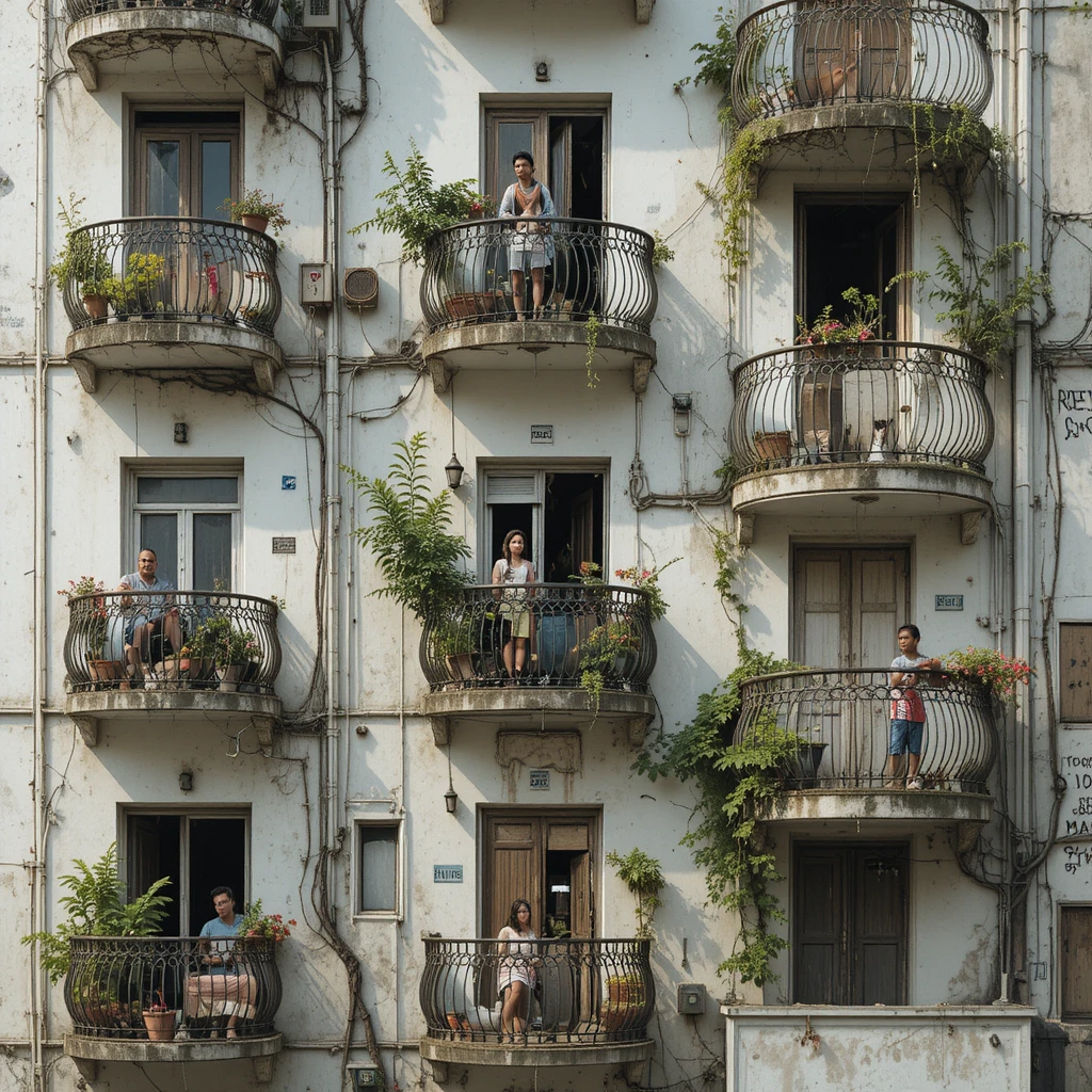 Balcóns metálicos escalonados en un desgastado edificio de apartamentos de São Paulo