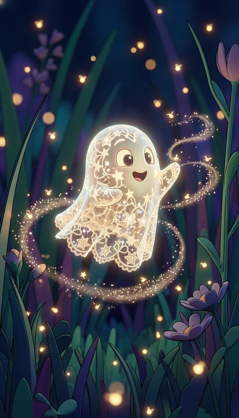 Fantasma de Renda Brilhante em um Prado Encantado de Vaga-lumes