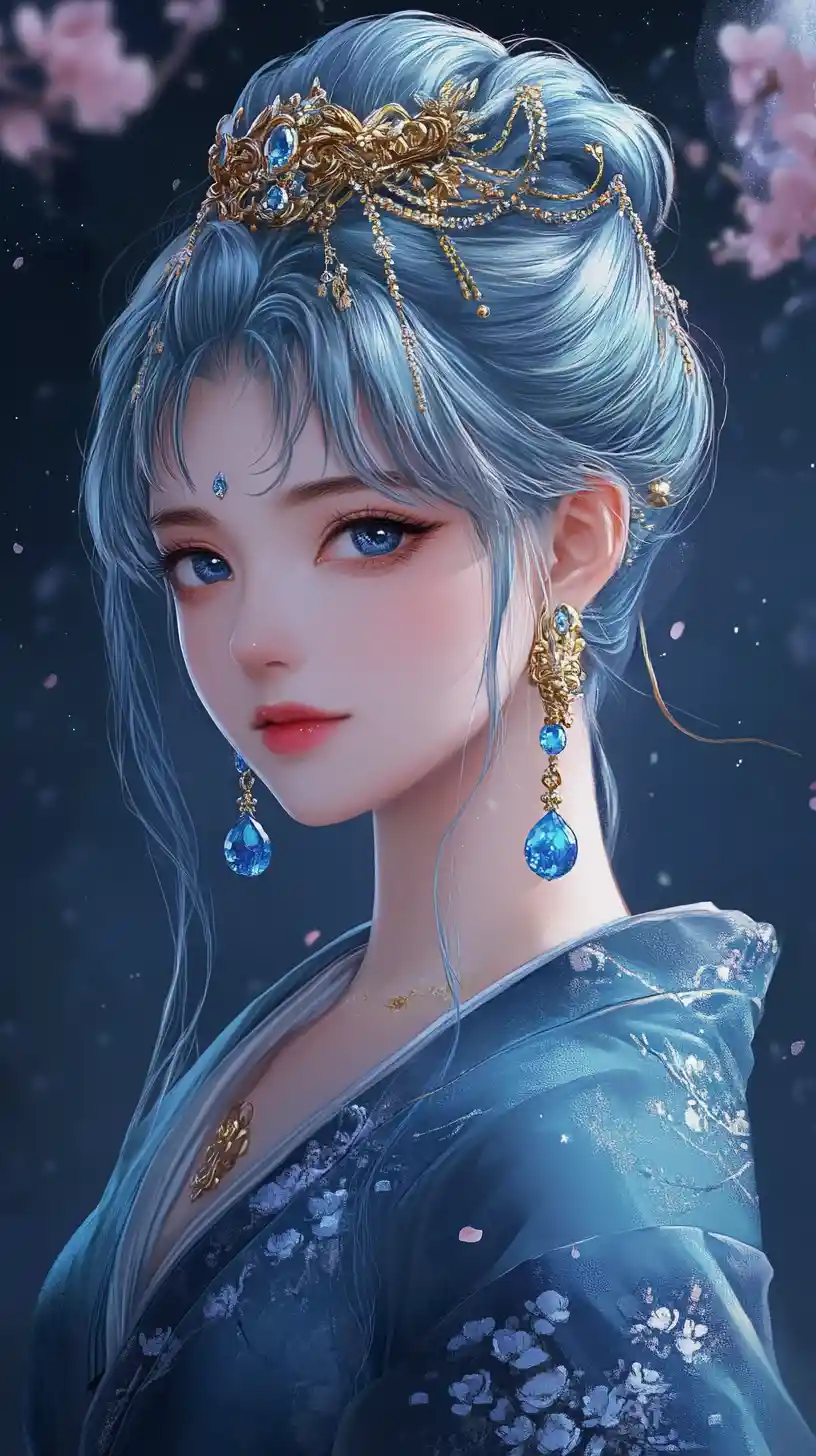 月光下櫻花庭園中的優雅動漫女子