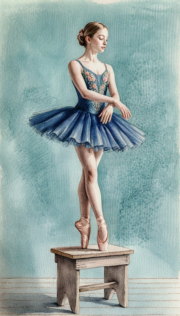 Bailarina sentada de tutu azul em banquinho rústico de madeira