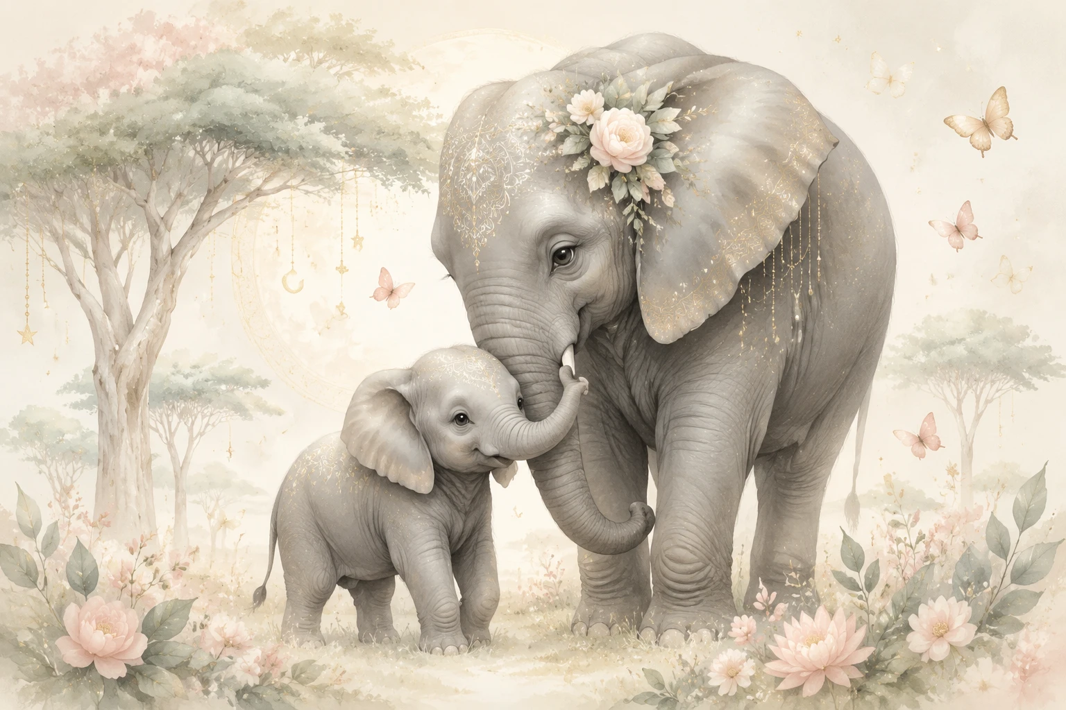 Filhote de elefante abraçado à mãe em arte suave para berçário