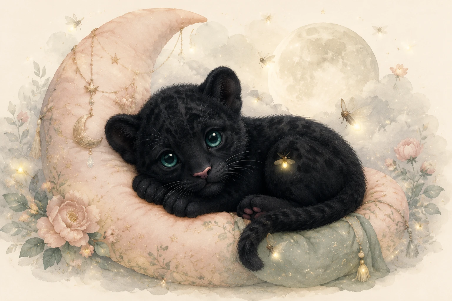 Adorable bébé panthère noire recroquevillé sur un doux coussin au clair de lune