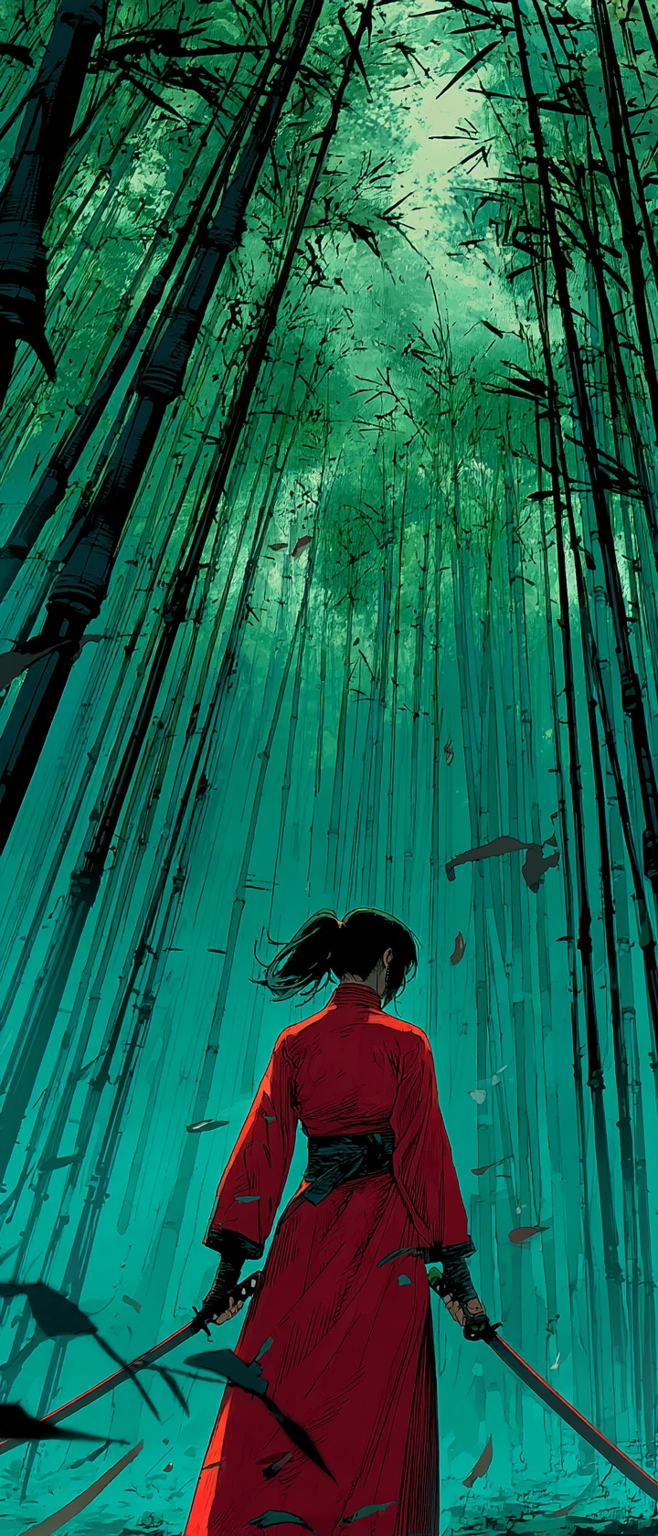 Guerriera anime in duello in una foresta di bambù al chiaro di luna
