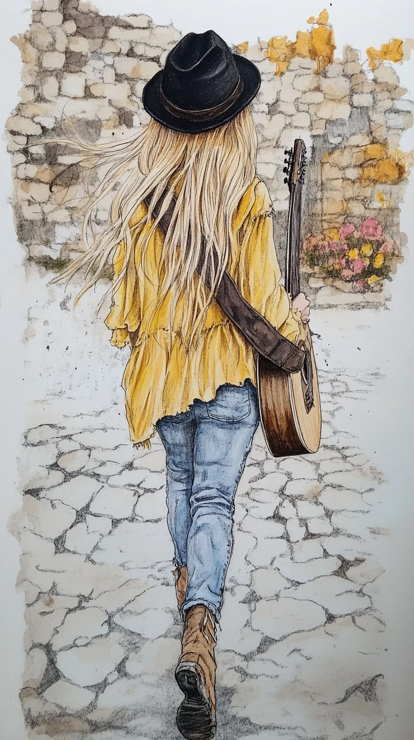 Donna bohemien con chitarra che cammina su una strada acciottolata
