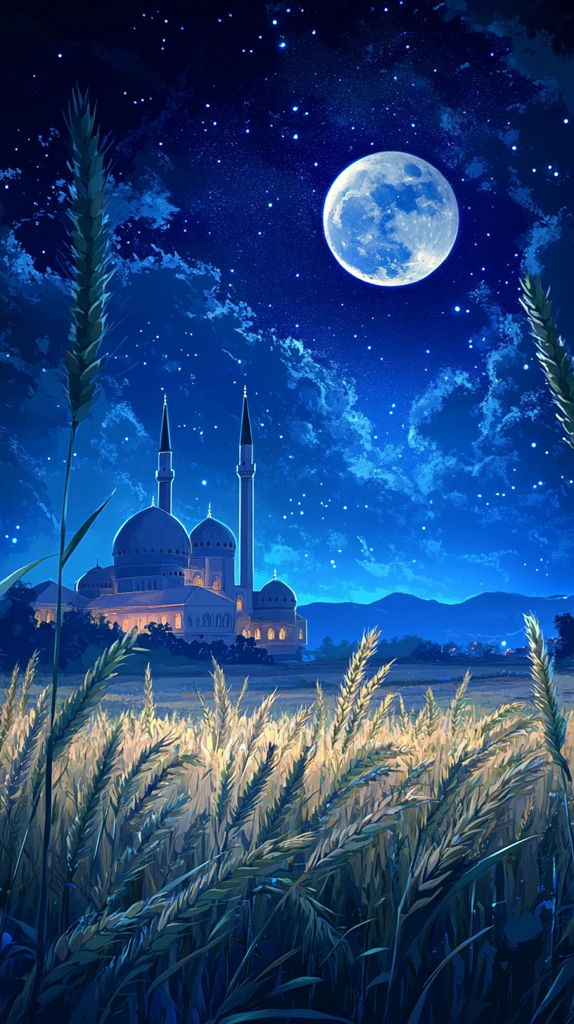 Mesquita ao luar além de um tranquilo campo de trigo à noite