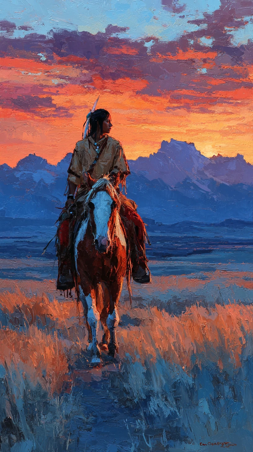 Cavaliere Lakota attraversa le praterie al tramonto su un cavallo pezzato