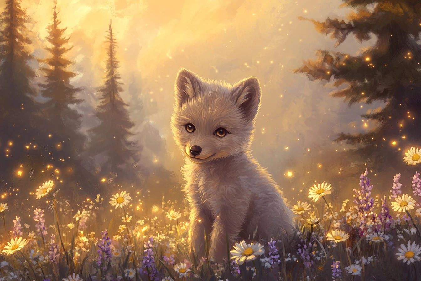 Filhote de lobo‑cinzento em prado de flores silvestres dos sonhos
