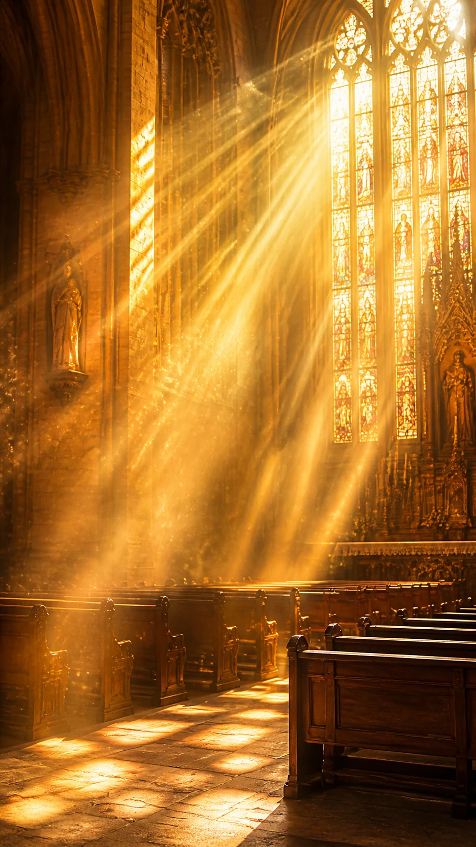 Luz dourada do sol atravessando altas janelas de catedral