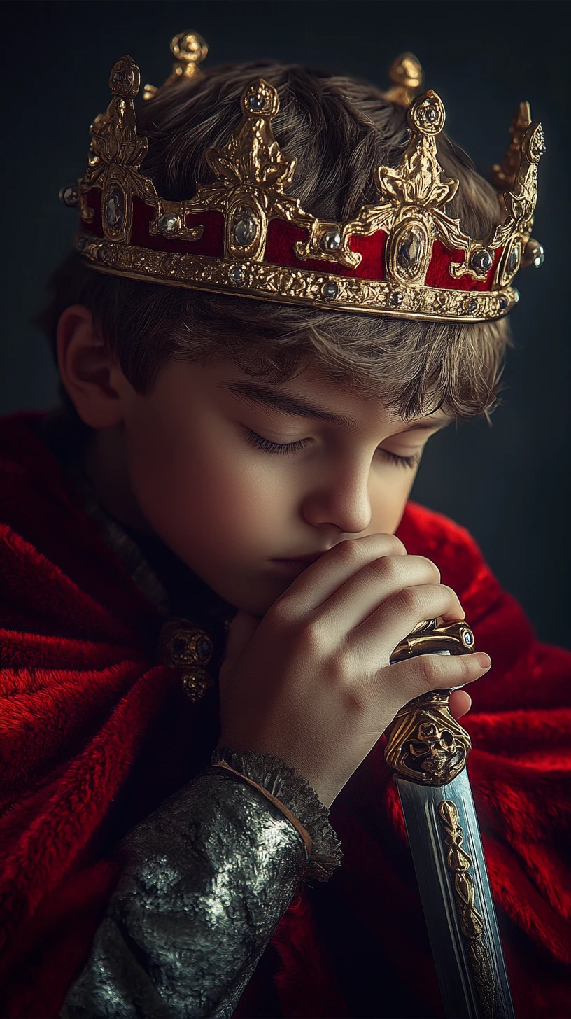 Ritratto di giovane re con corona rossa appoggiato alla spada