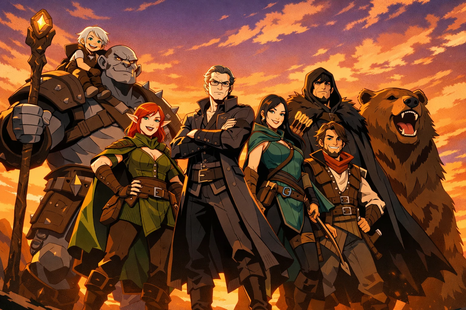 Heroische Fantasy-Gruppe bei Sonnenuntergang im Cel-Shading-Stil