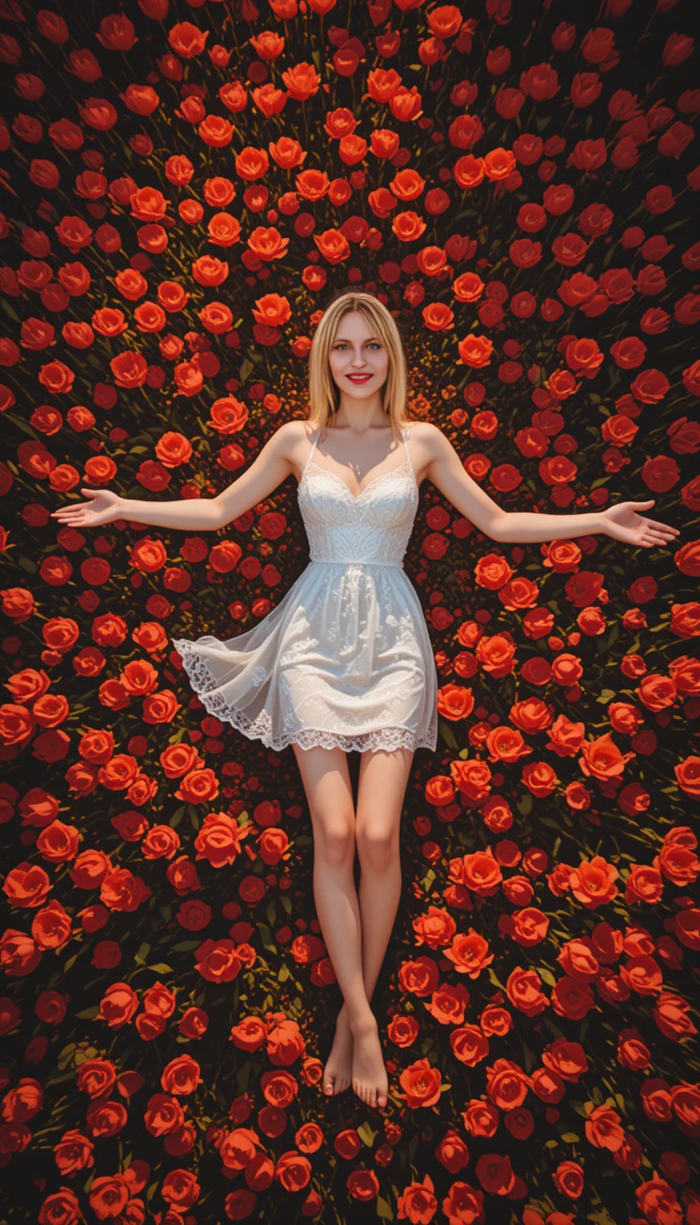 Frau im weißen Kleid, liegend in einem Feld roter Tulpen
